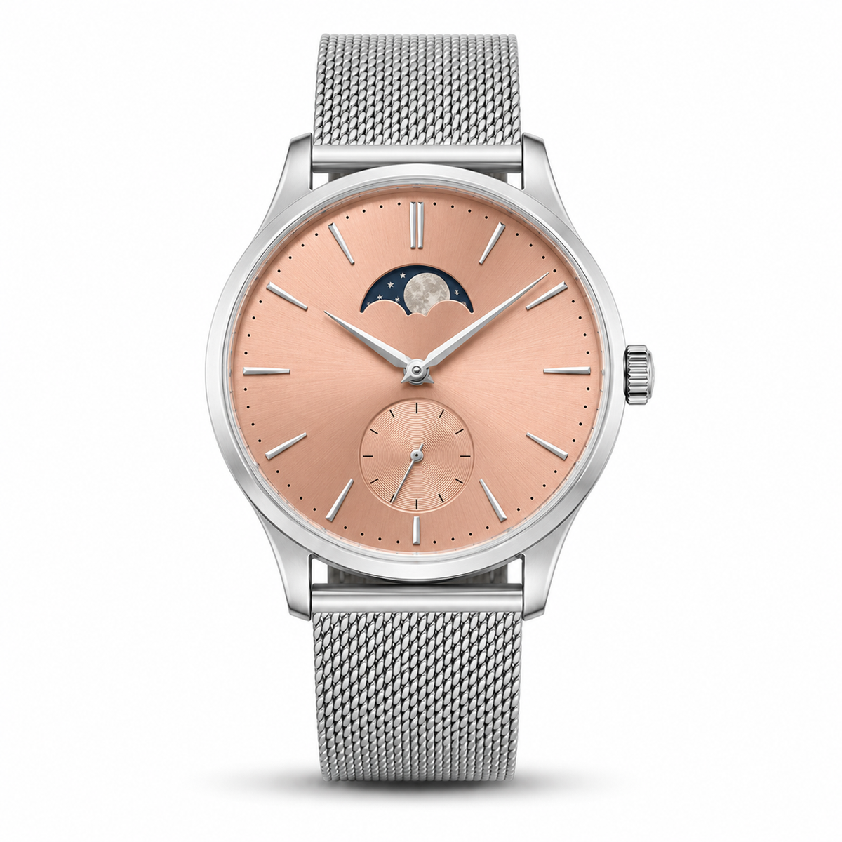 Montre rose avec affichage des phases de lune